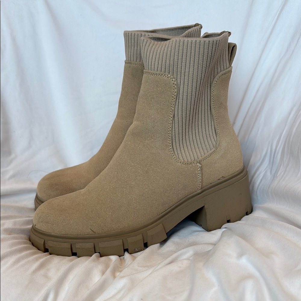 Tan Chunky Ankle Boots with Block Heel